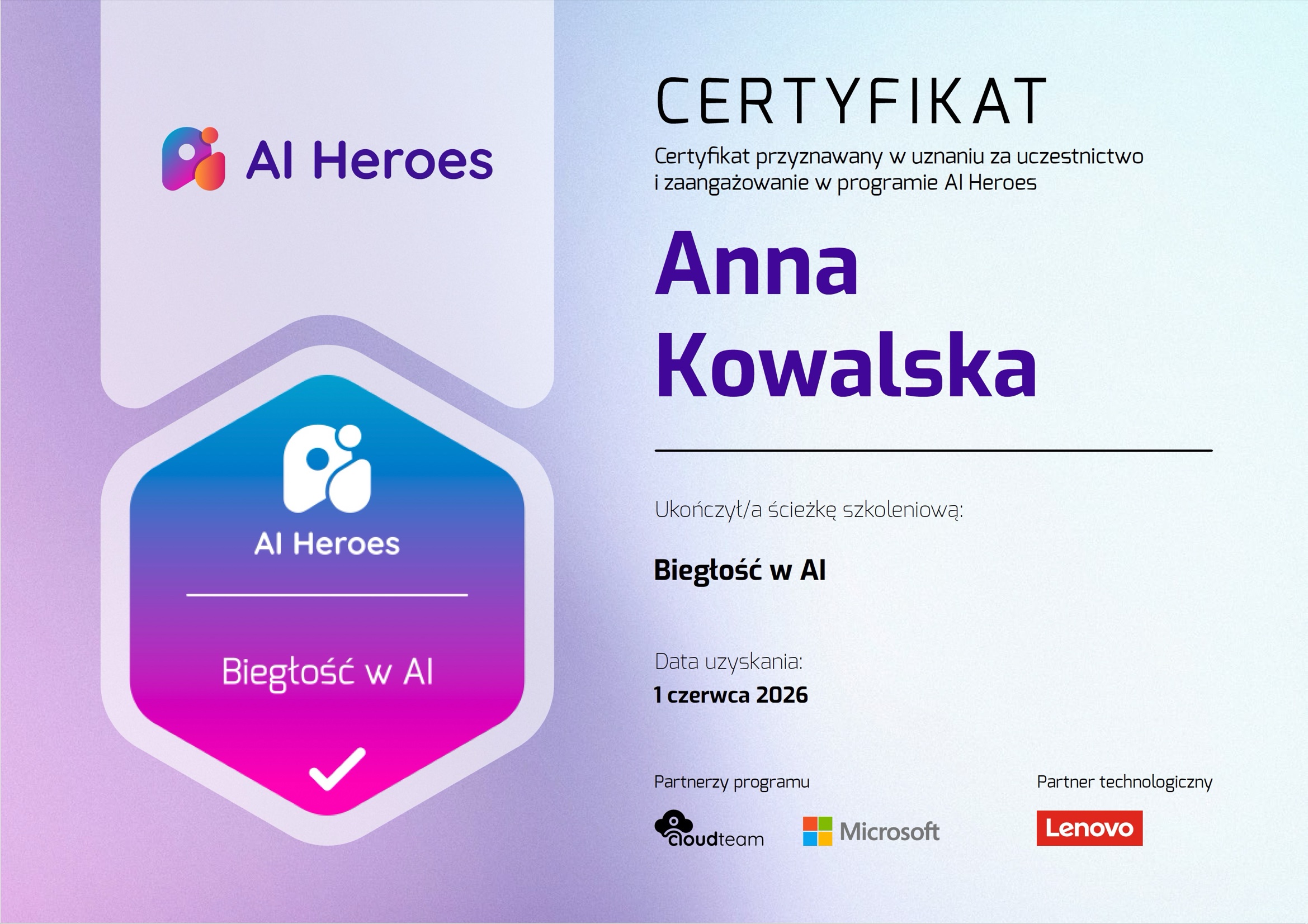 Przykładowy certyfikat AI Heroes