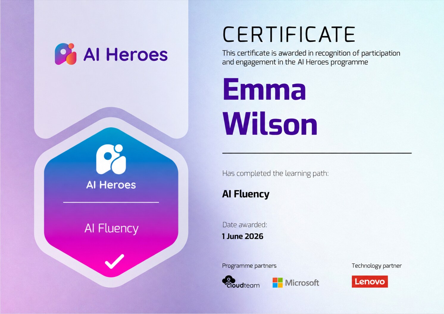 Sample AI Heroes certificate